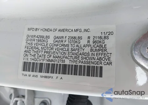 2021 Honda Accord Lx z USA, uszkodzony, nr VIN 1HGCV1F14MA012755